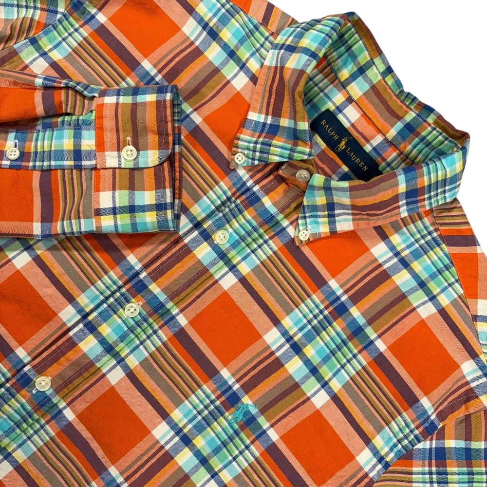 Ralph Lauren Madras Oxford Shirt Mens L Orange Multicolor Plaid Long Sleeve OCBD